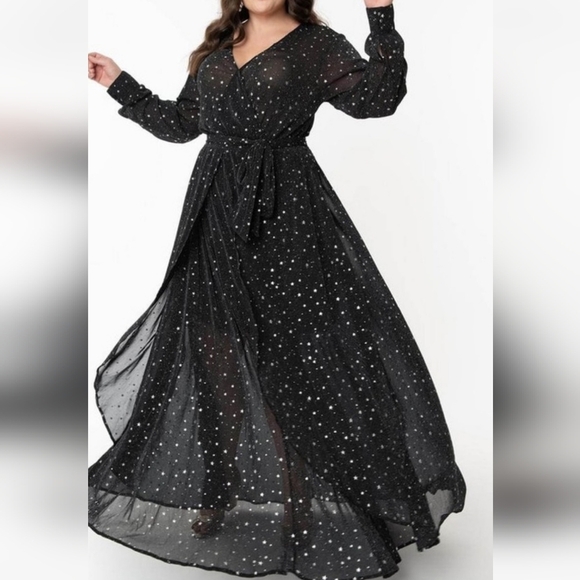 Celestial Dream Gown Black Sparkly Silver Stars Maxi Long Sleeve Sheer Gothic - Picture 1 of 12